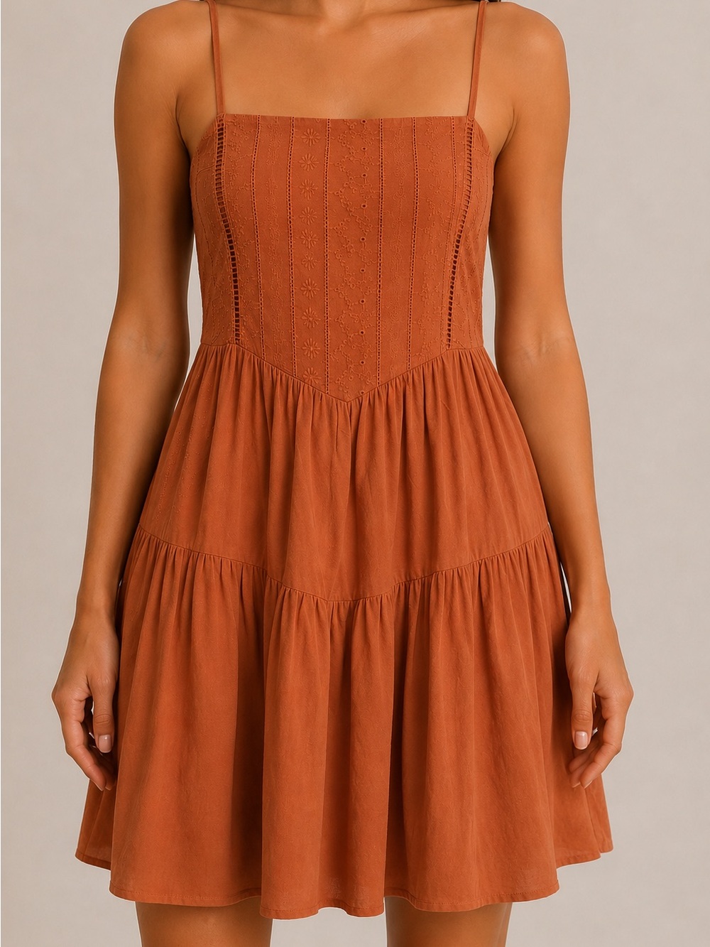 Burnt Orange Tiered Mini Dress with Spaghetti Straps with Patterned Top